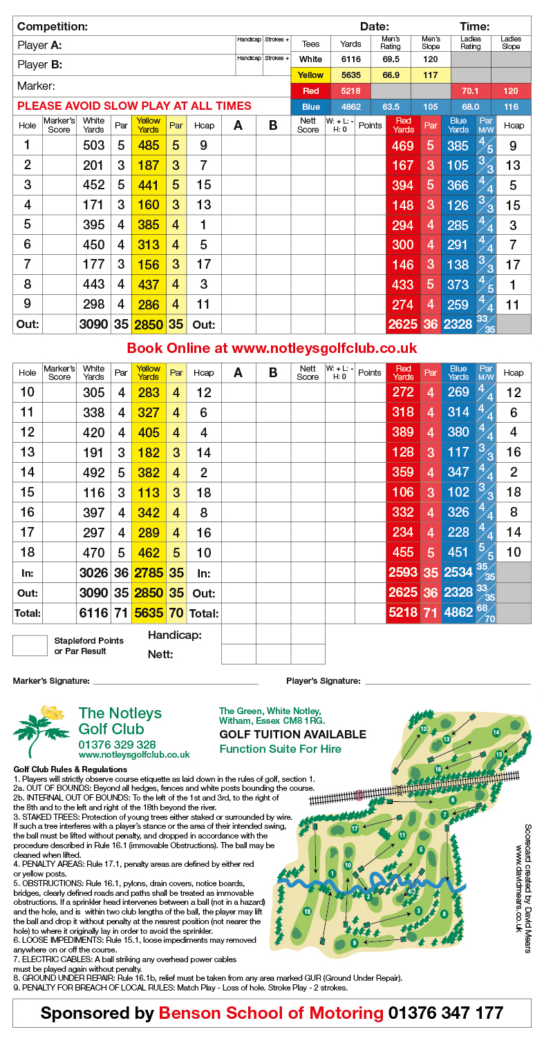 Scorecard for The Notleys Golf Club